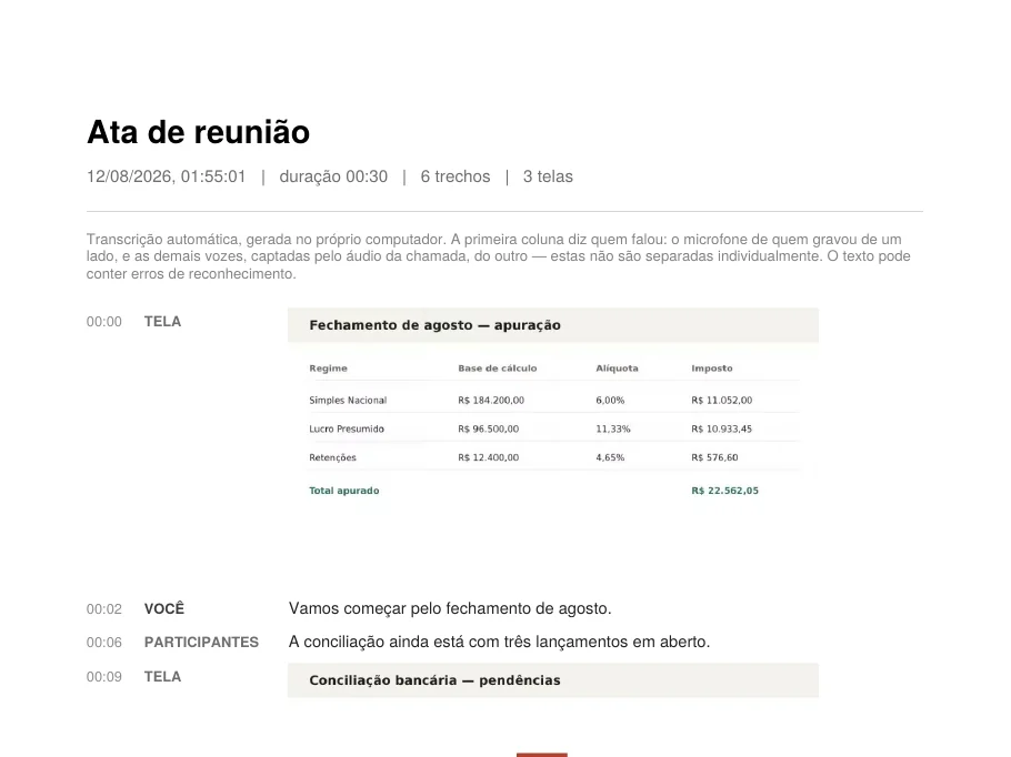 Primeira página do PDF gerado, com cabeçalho, aviso de transcrição automática e as telas embutidas no meio das falas.